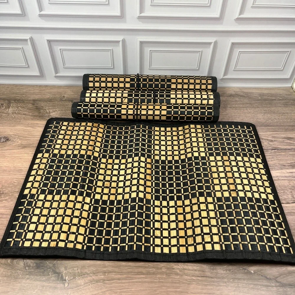 Liberty Procurement Placemats Set of 4 13x19 Black Tan Bamboo Checkered 18322